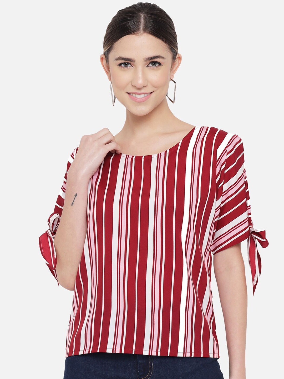 

ALL WAYS YOU Vertical Striped Round Neck Casual Top, Red