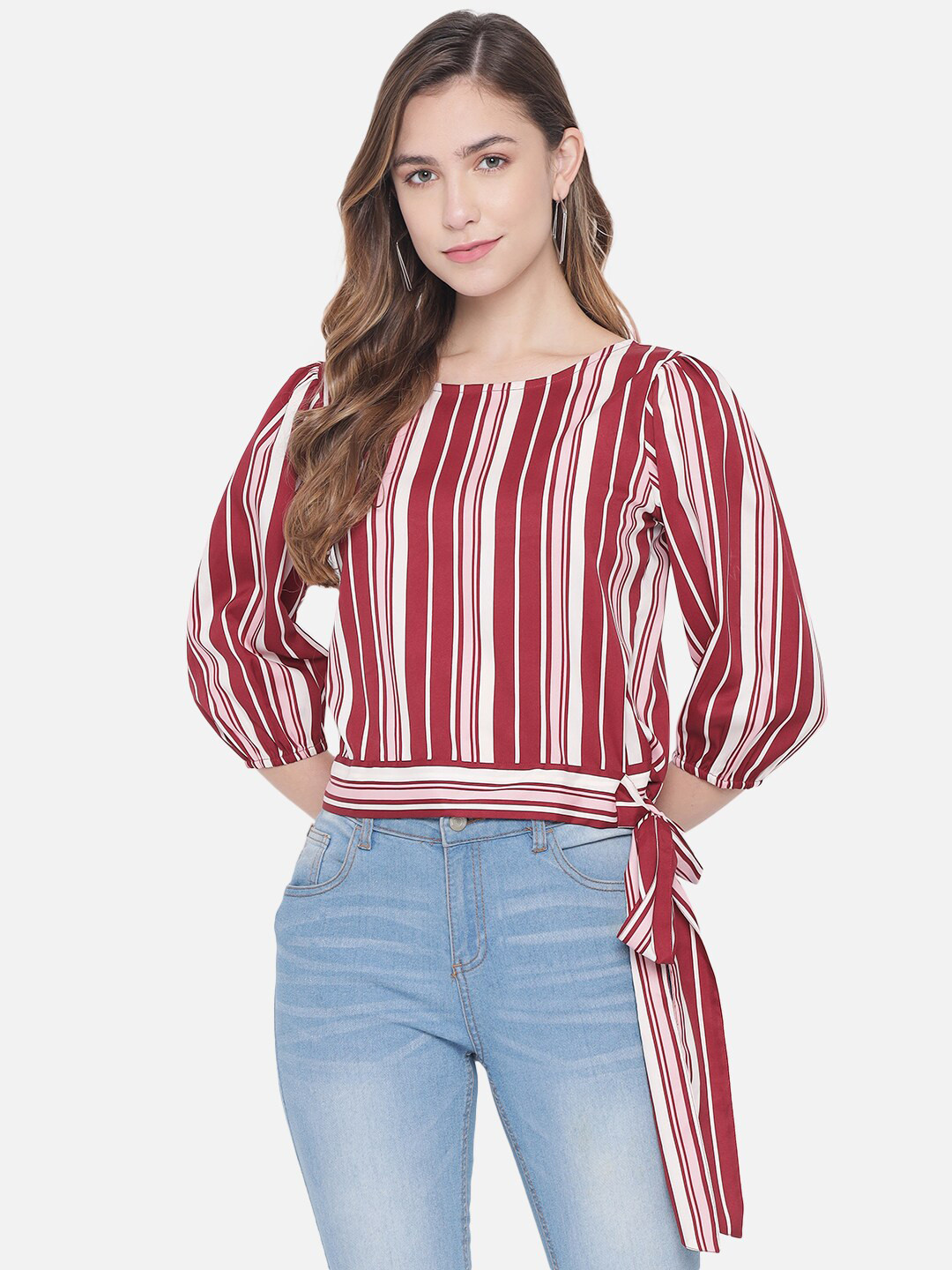 

ALL WAYS YOU Striped Puff Sleeve Top, Red