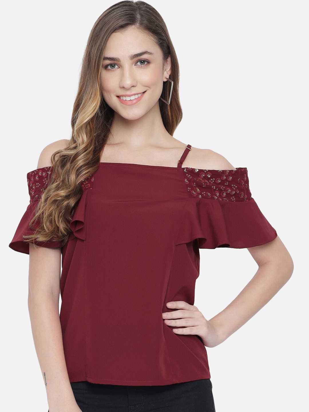 

ALL WAYS YOU Cold-Shoulder Crepe Bardot Top, Maroon