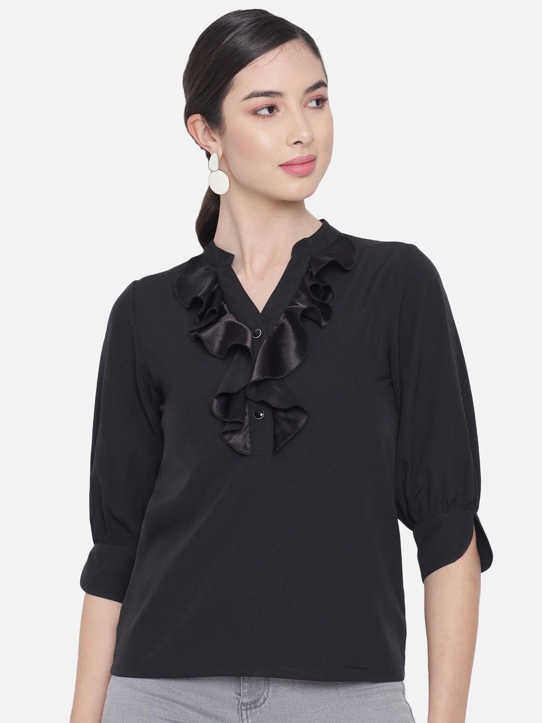 

ALL WAYS YOU Mandarin Collar Crepe Top, Black