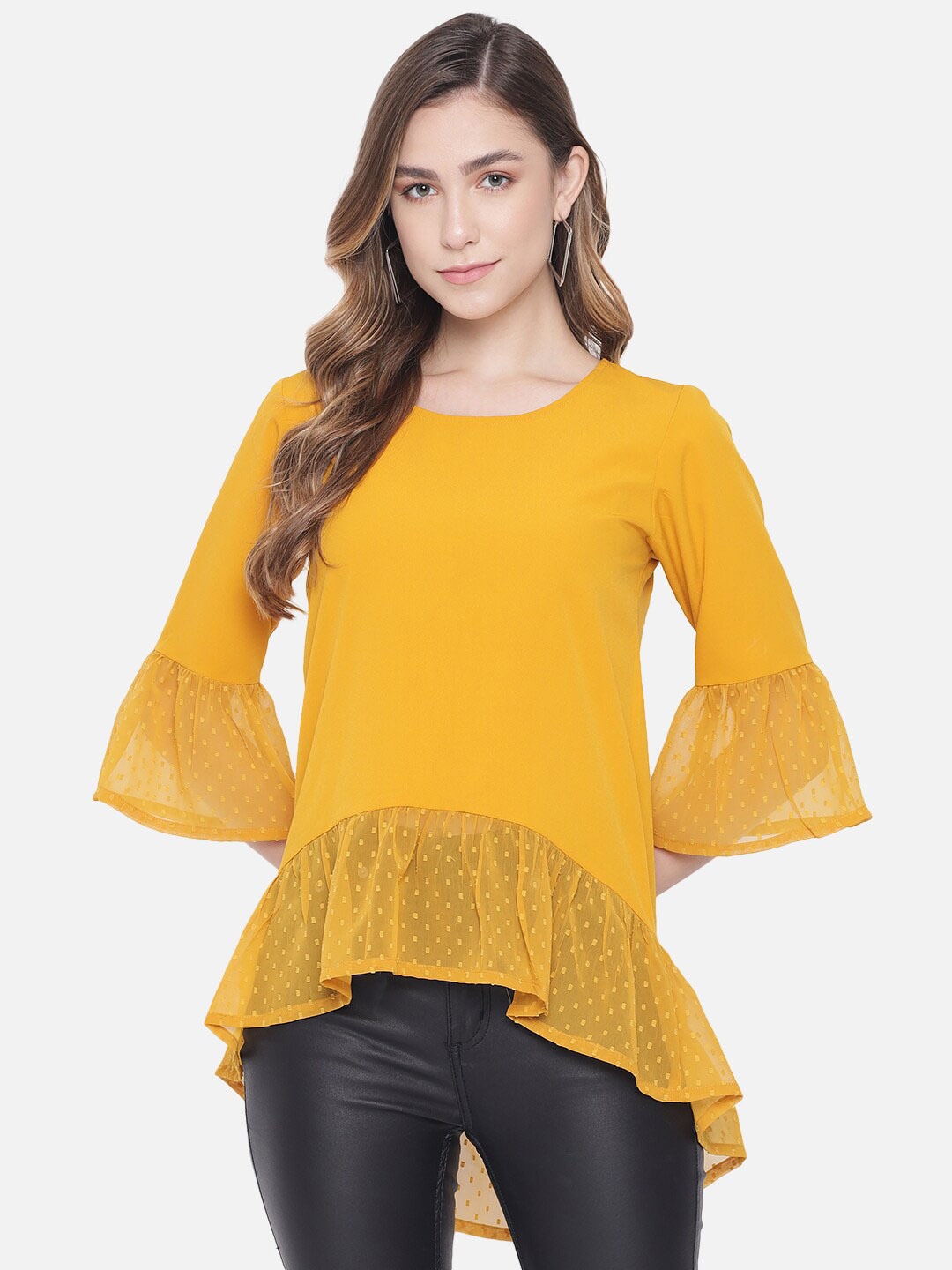 

ALL WAYS YOU Bell Sleeves High-Low Longline Crepe Top, Yellow