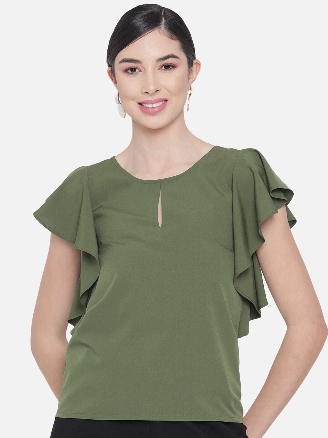 

ALL WAYS YOU Keyhole Neck Flutter Sleeve Top, Green