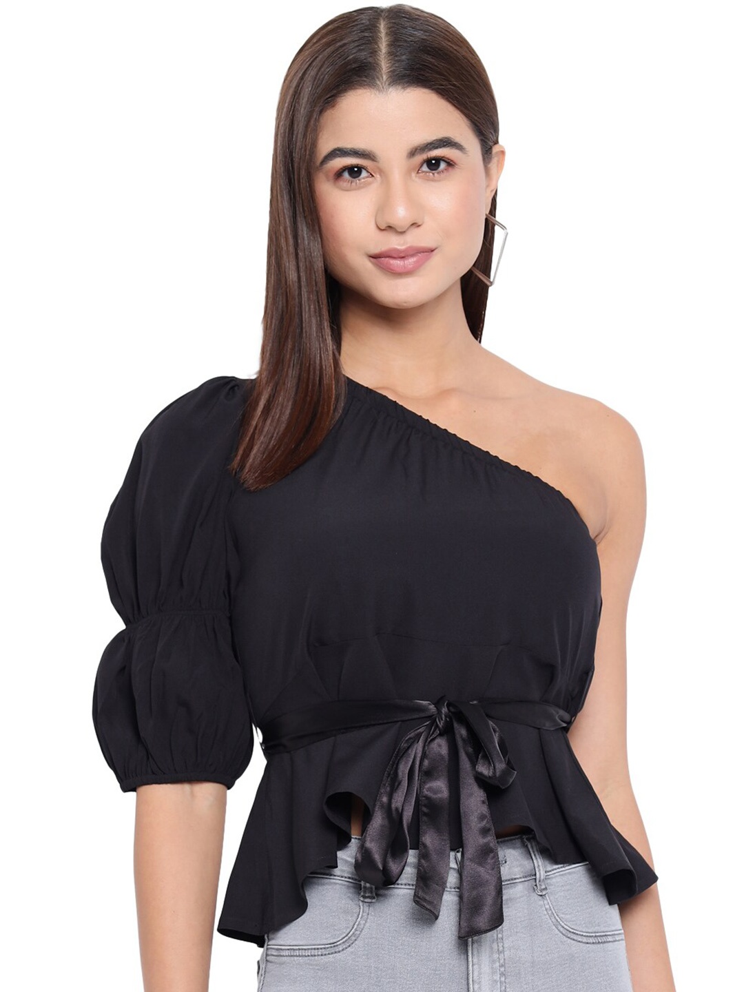 

ALL WAYS YOU One Shoulder Puff Sleeve Cinched Waist Top, Black