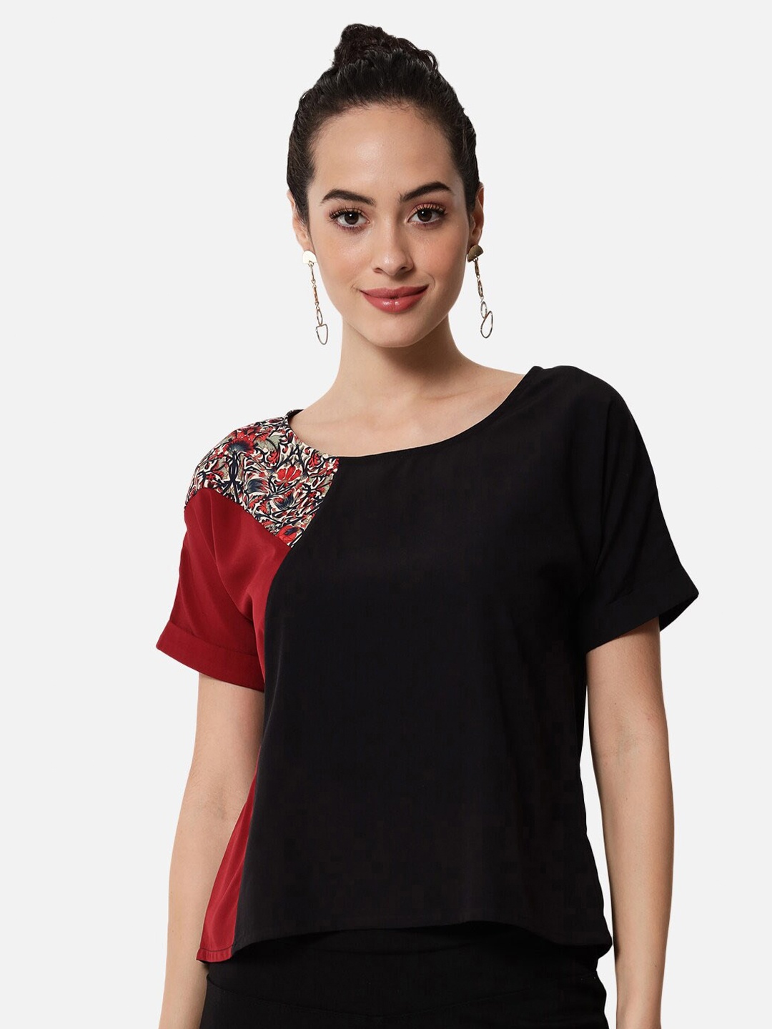 

ALL WAYS YOU Ethnic Printed Round Neck Crepe Top, Black