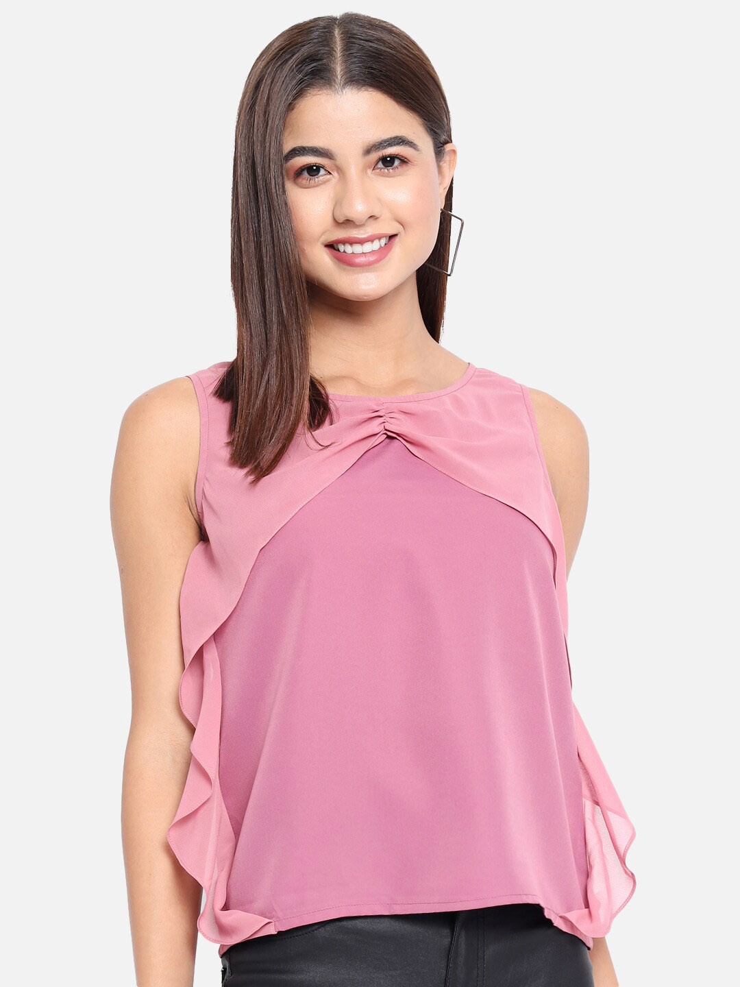 

ALL WAYS YOU Ruffled Round Neck Crepe Top, Pink