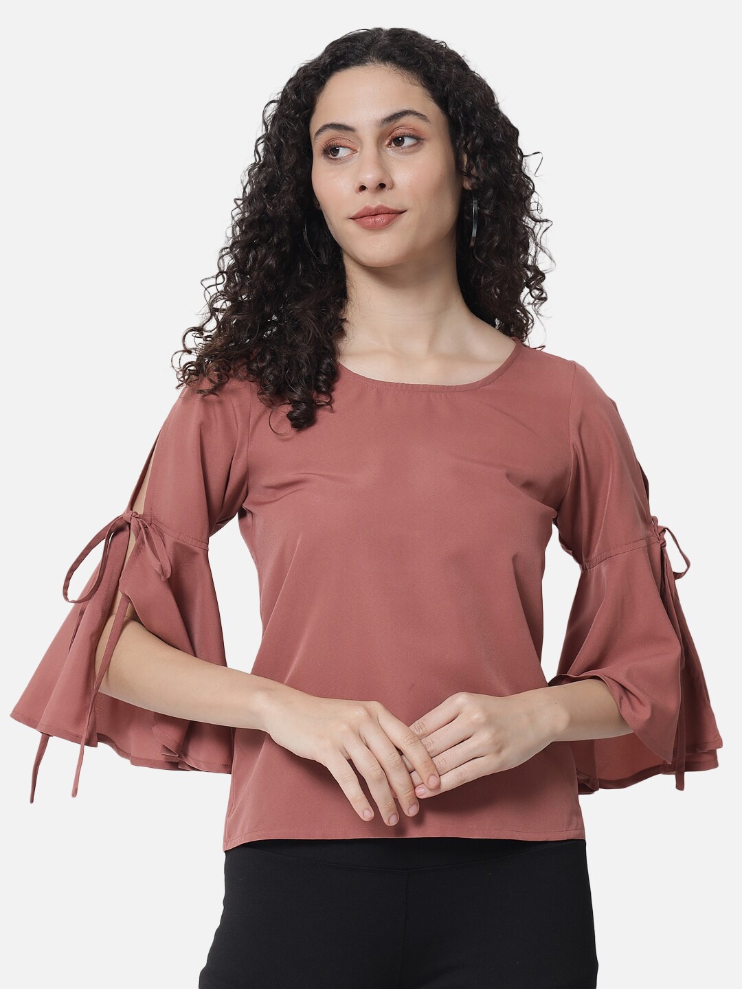 

ALL WAYS YOU Bell Sleeves Round Neck Crepe Top, Brown