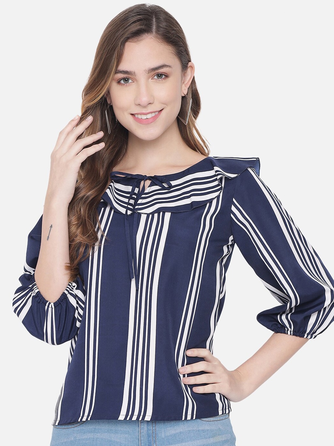

ALL WAYS YOU Vertical Striped Tie-Up Neck Crepe Top, Navy blue