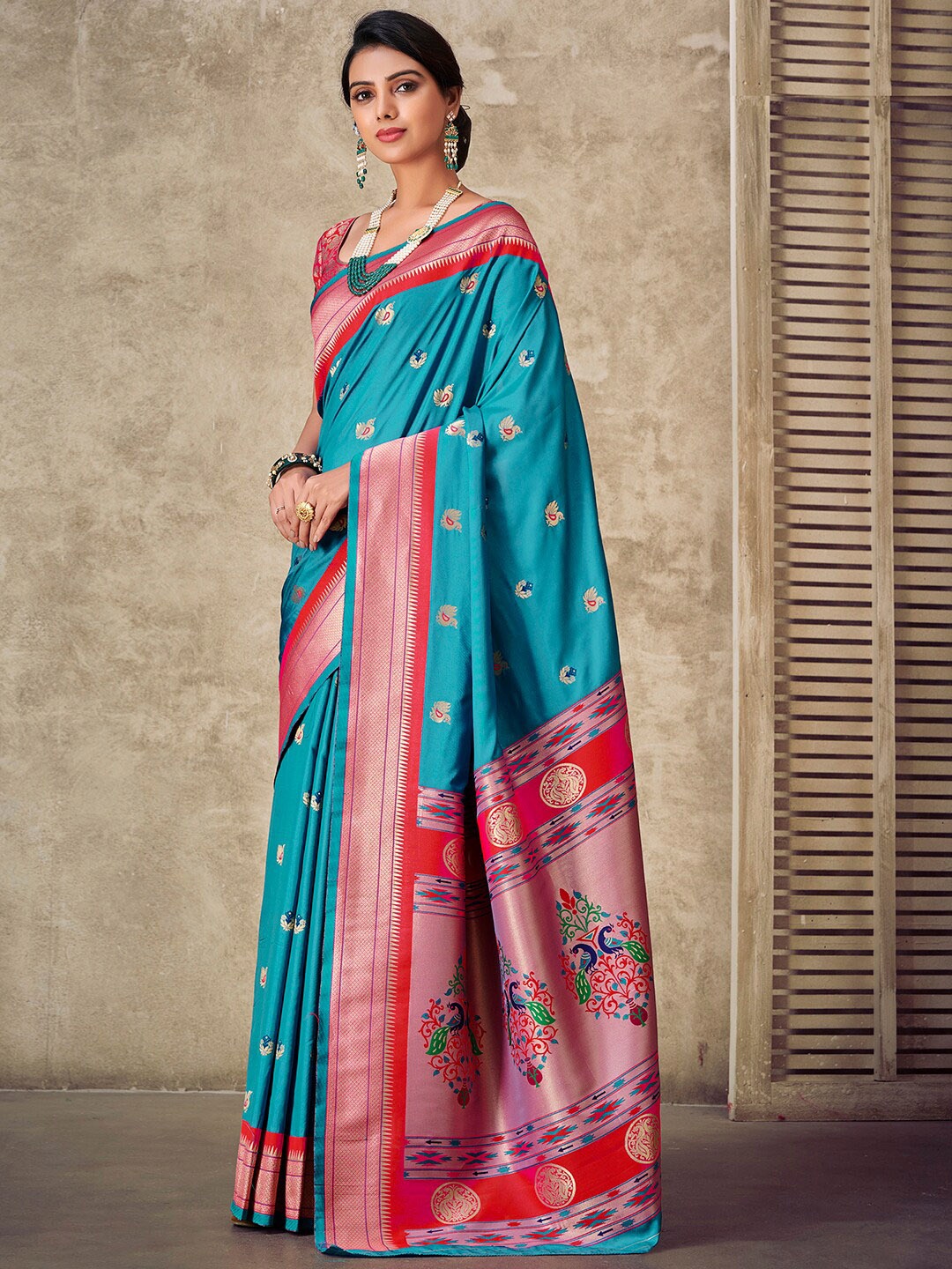 

Satrani Ethnic Motif Woven Design Zari Saree, Blue