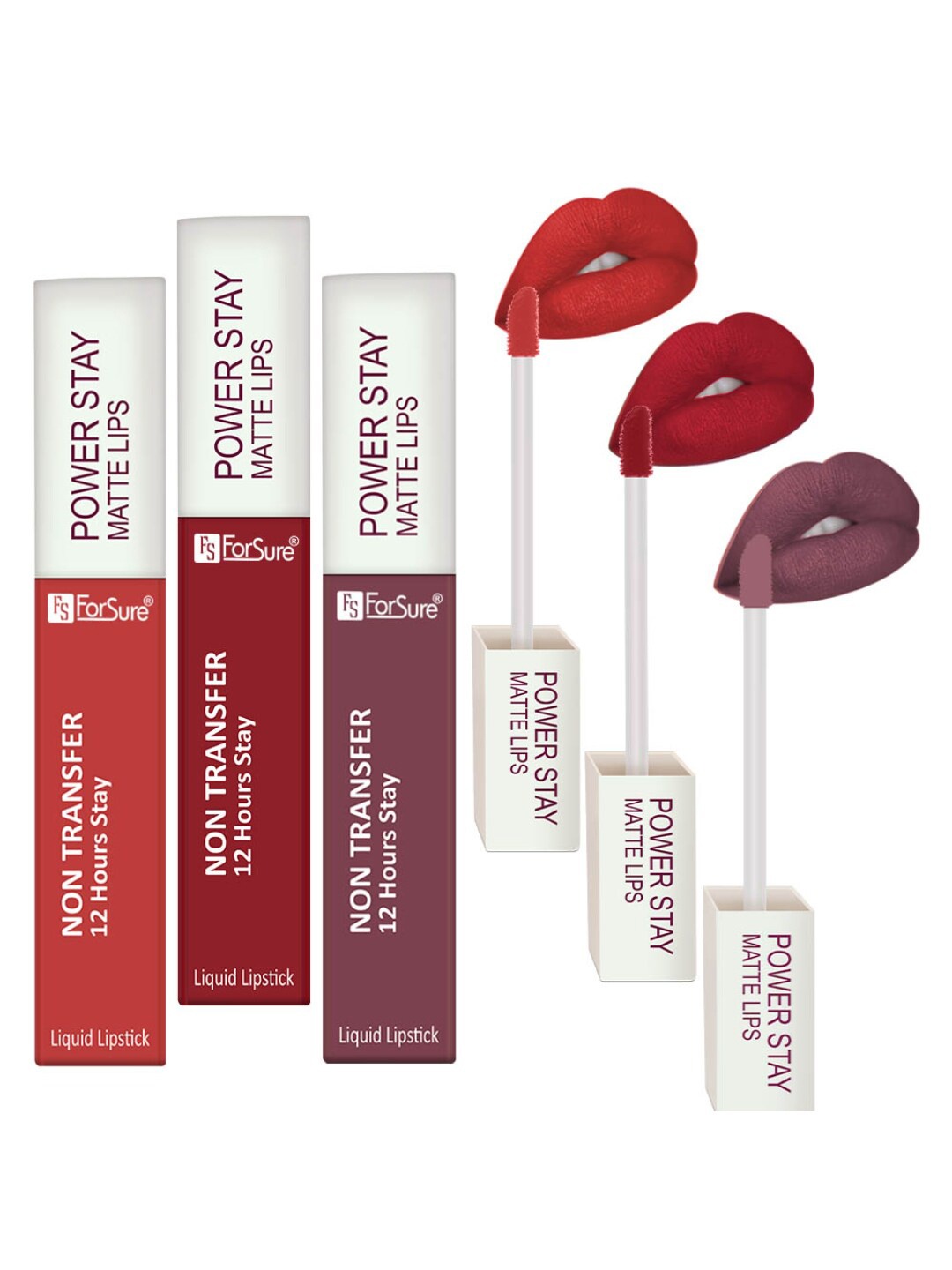 

ForSure Power Stay Set Of 3 Matte Lipsticks 4ml Each-Iconic Red 22+Mauve 23+Rose Red 01