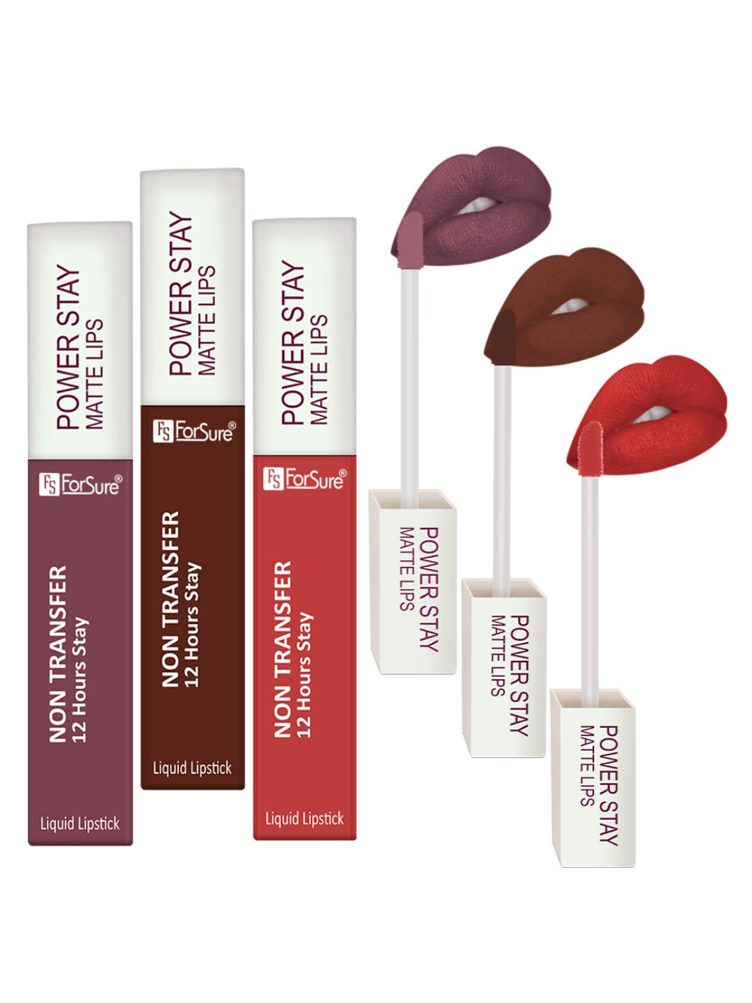 

ForSure Power Stay Set Of 3 Matte Lipsticks 4ml Each-Rose Red 01+Walnut Brown 16+Mauve 23