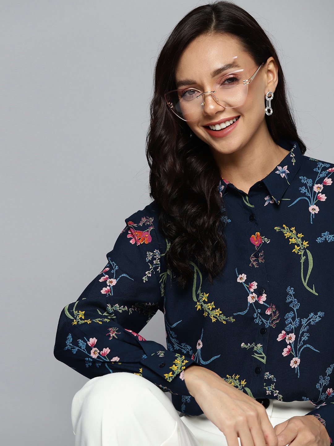 

HERE&NOW Comfort Floral Printed Casual Shirt, Navy blue