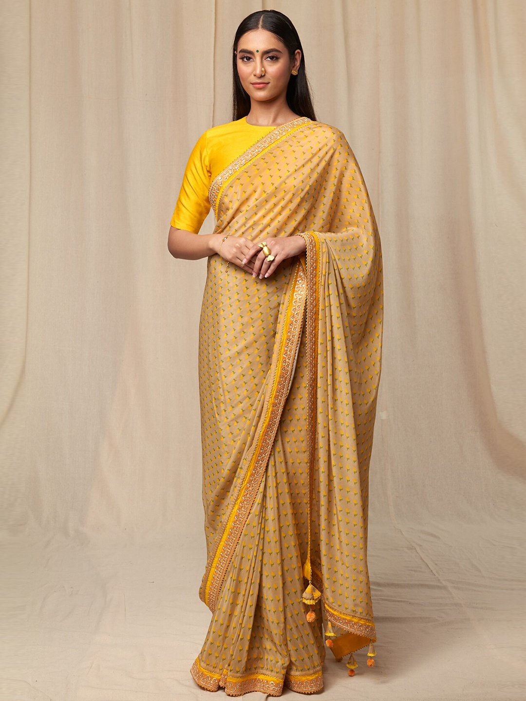 

Masaba Ethnic Motifs Printed Embellished Organza Saree, Beige