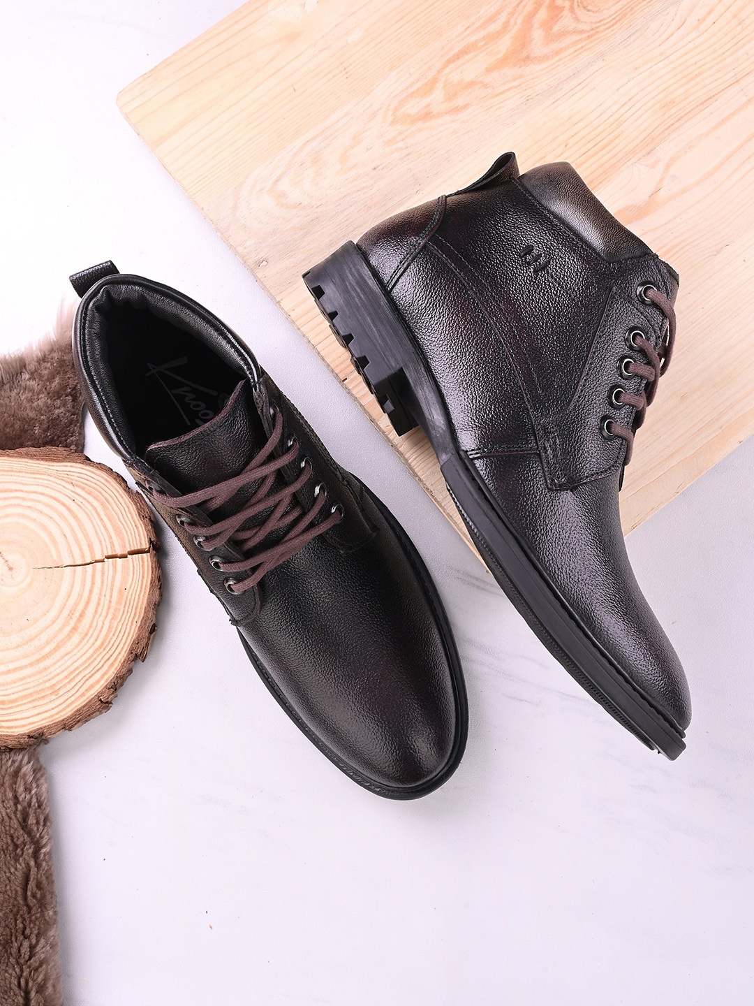 

knoos Men Textured Genuine Leather Regular Boots, Brown