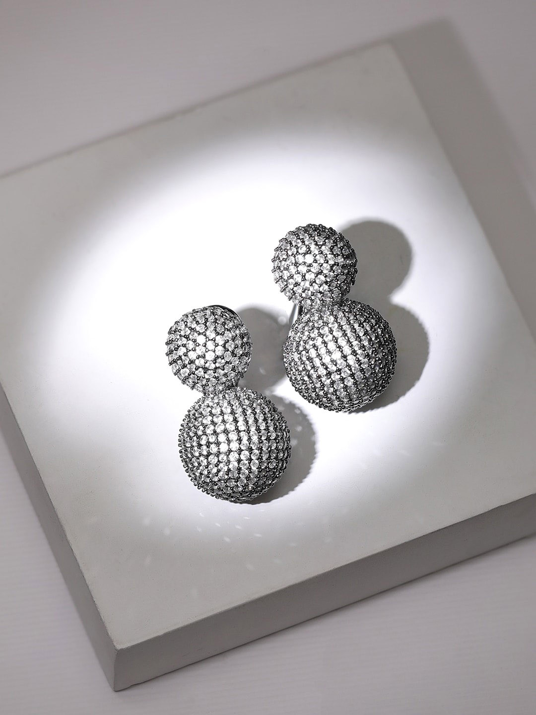 

Rubans Rhodium Plated Double Ball Statement Earrings with Cubic Zirconia Studded, Silver