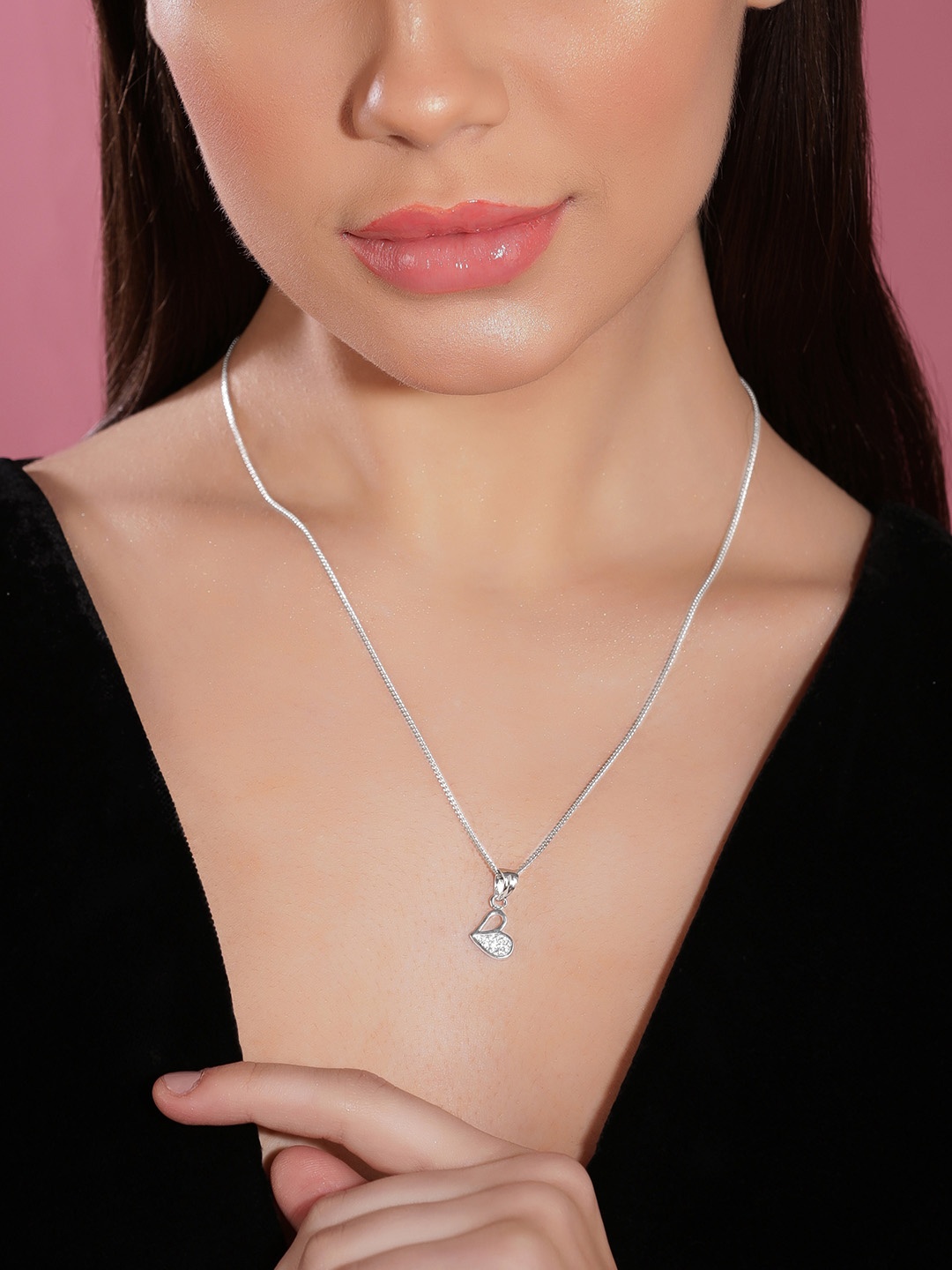

Rubans Rhodium-Plated Heart Shaped Chain With Pendant, Silver