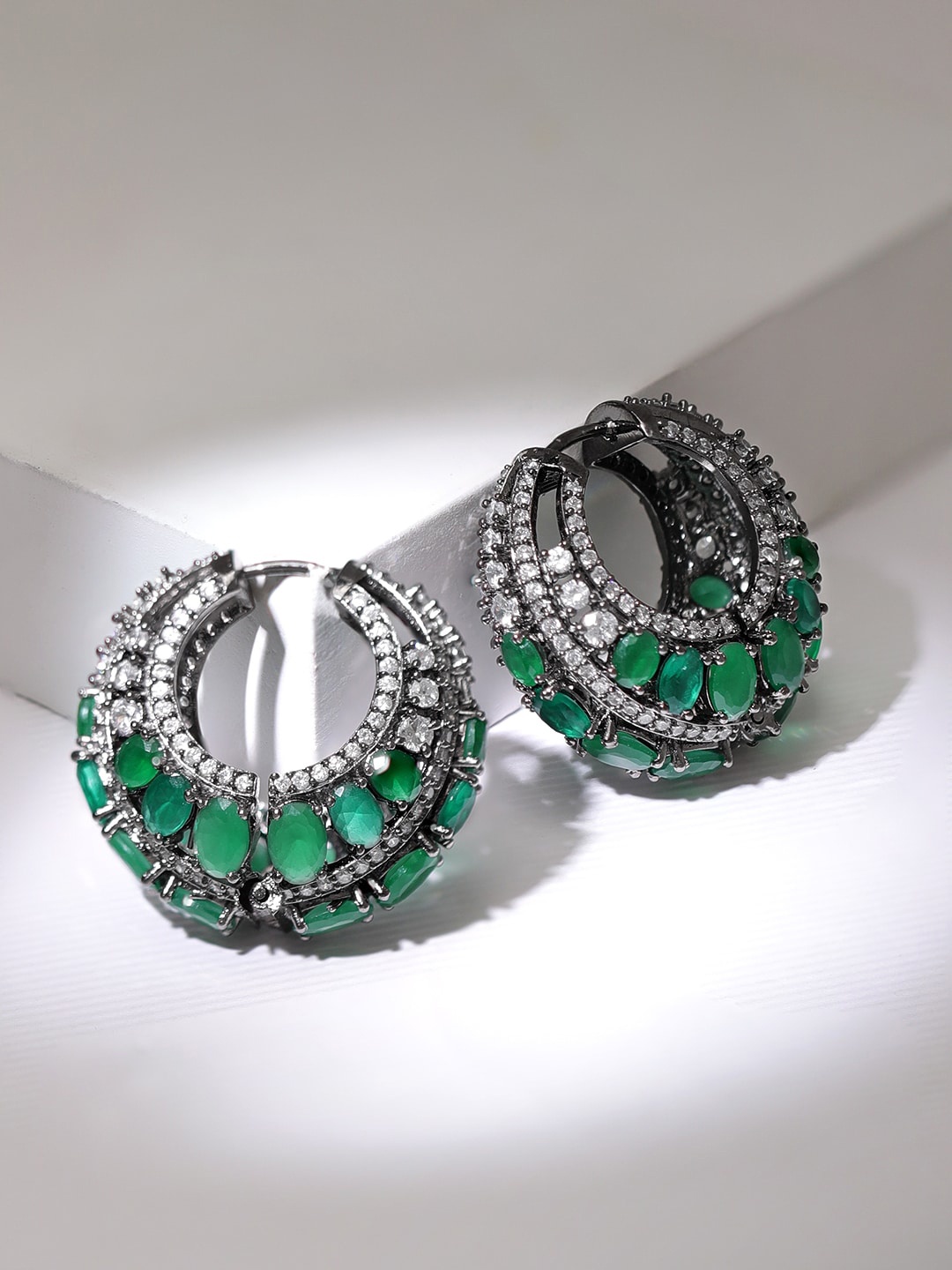 

Rubans Rhodium Plated Emerald with AAA Cubic Zirconia Studded Luxurious Hoop Earrings, Silver