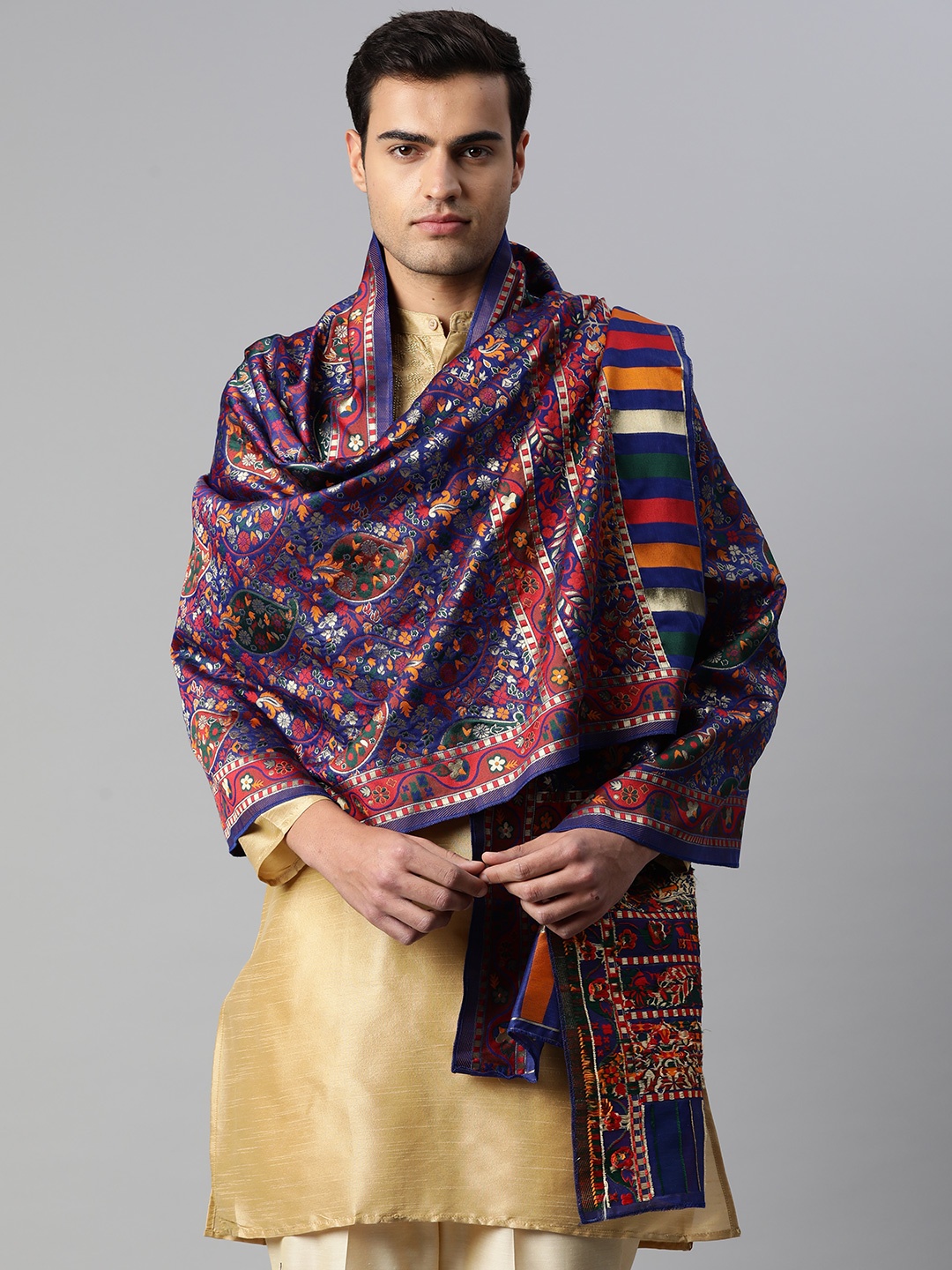 

Silk Land Men Paisley Woven Design Zari Dupatta, Blue