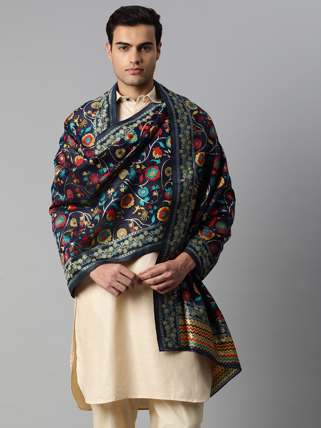 

Silk Land Men Woven Design Zari Dupatta, Navy blue