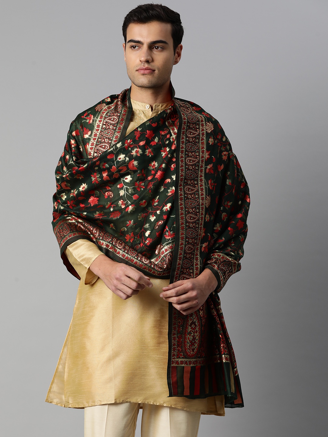 

Silk Land Men Woven Design Zari Dupatta, Green