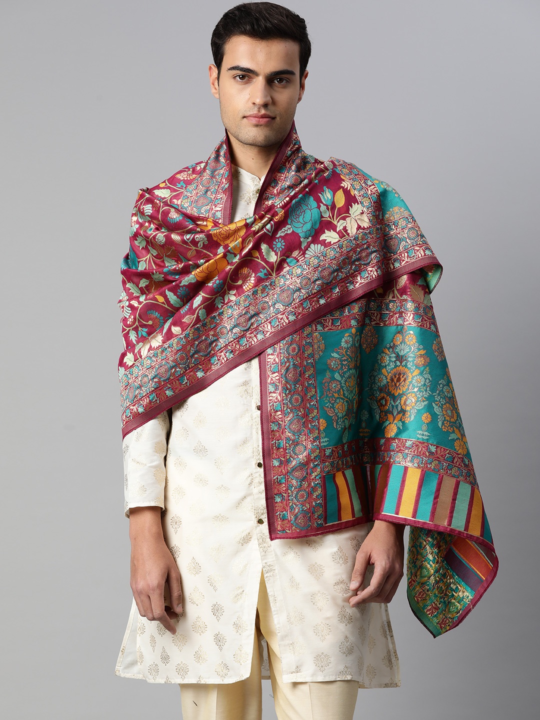 

Silk Land Men Woven Design Zari Dupatta, Magenta