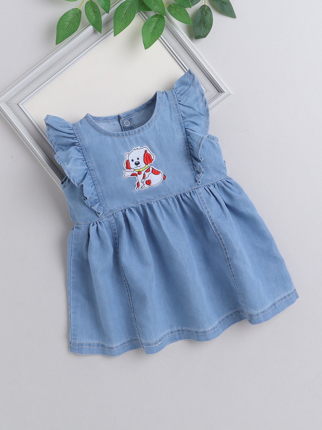 

The Magic Wand Infant Girls Flutter Sleeves Applique Denim Fit & Flare Dress, Blue