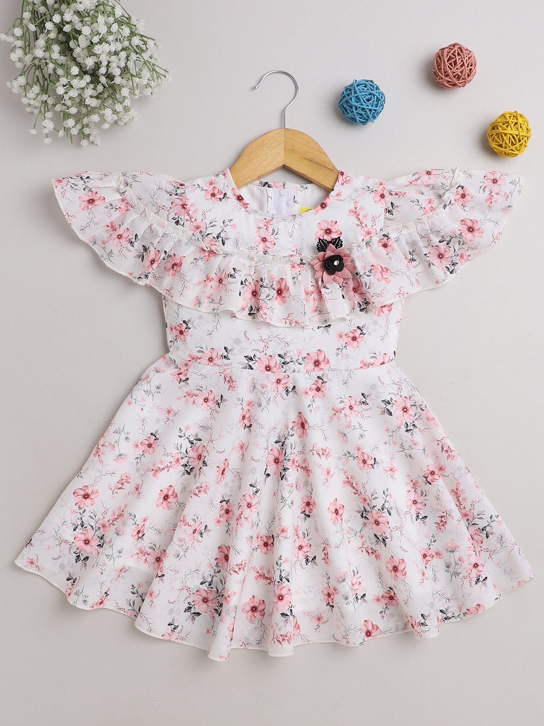 

The Magic Wand Girls Round Neck Floral Printed Fit & Flare Dress, White