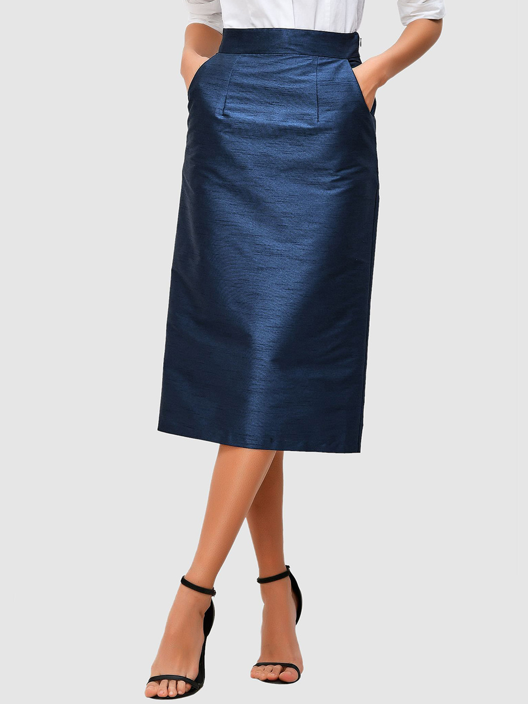 

Zapelle Pure Silk Pencil Skirt, Navy blue