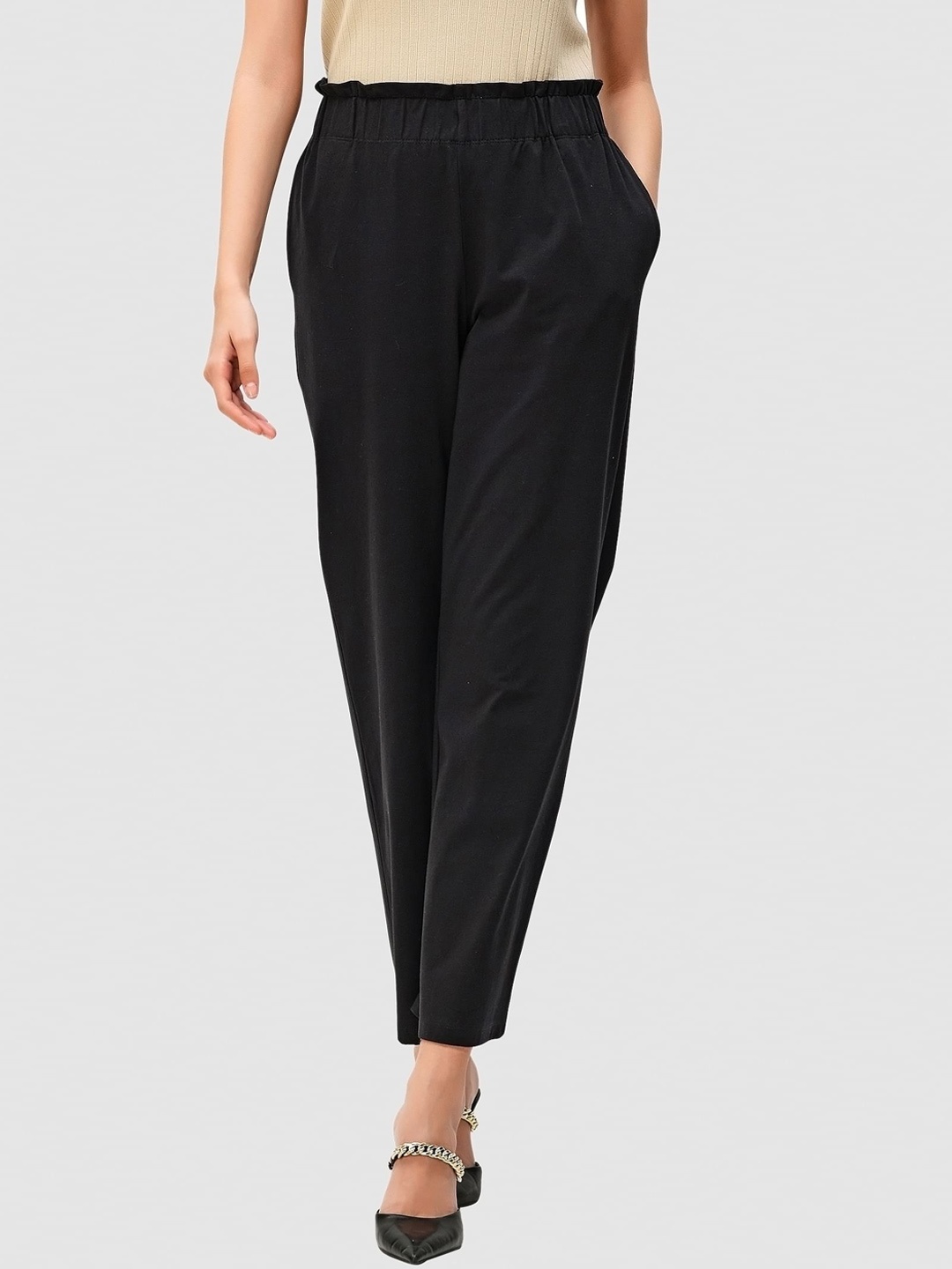 

Zapelle Women Straight Fit Cotton Trousers, Black