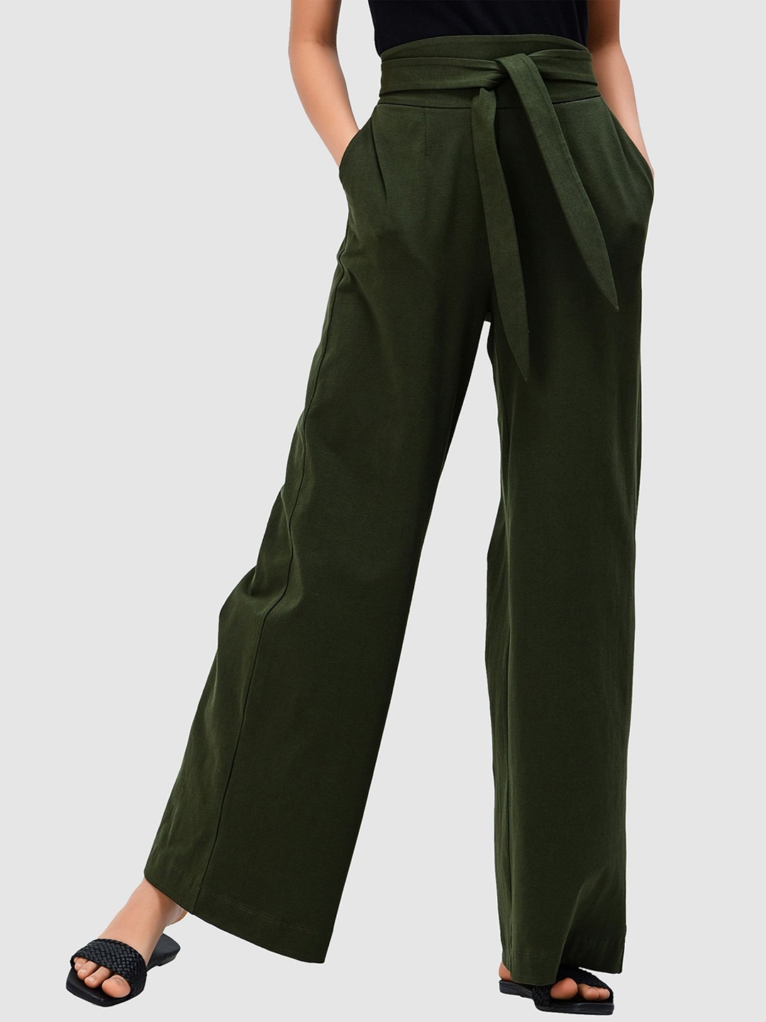 

Zapelle Women Straight Fit High-Rise Cotton Trousers, Green