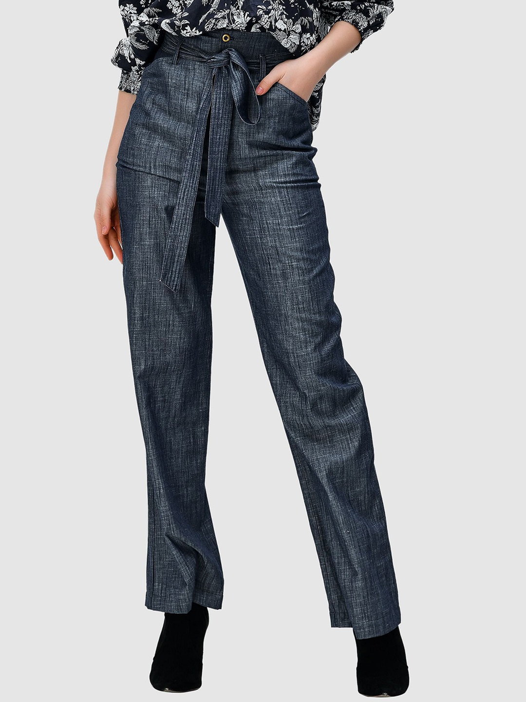 

Zapelle Women Straight Fit High-Rise Cotton Trousers, Blue