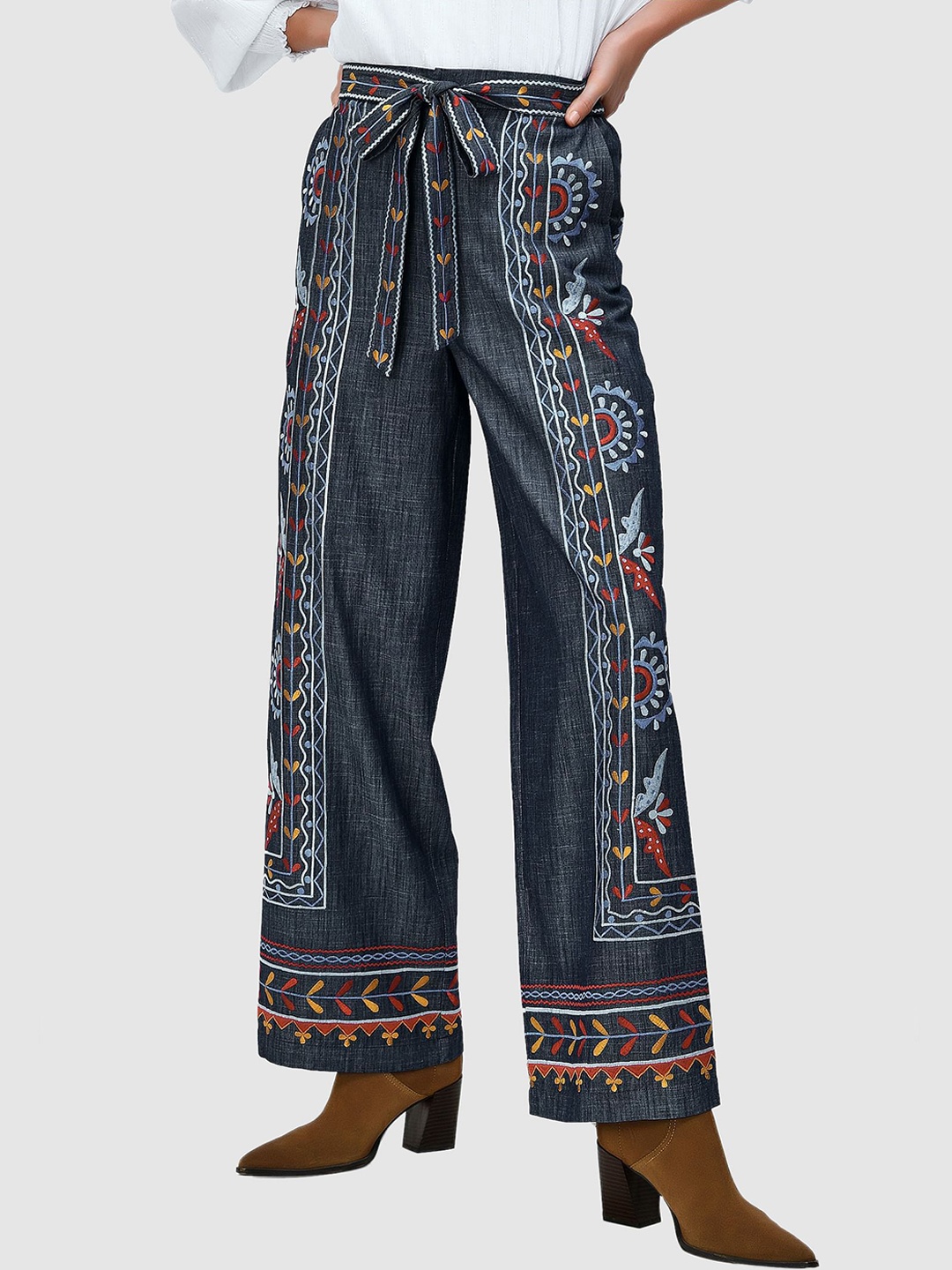 

Zapelle Women Embroidered Loose Fit Cotton Trousers, Blue
