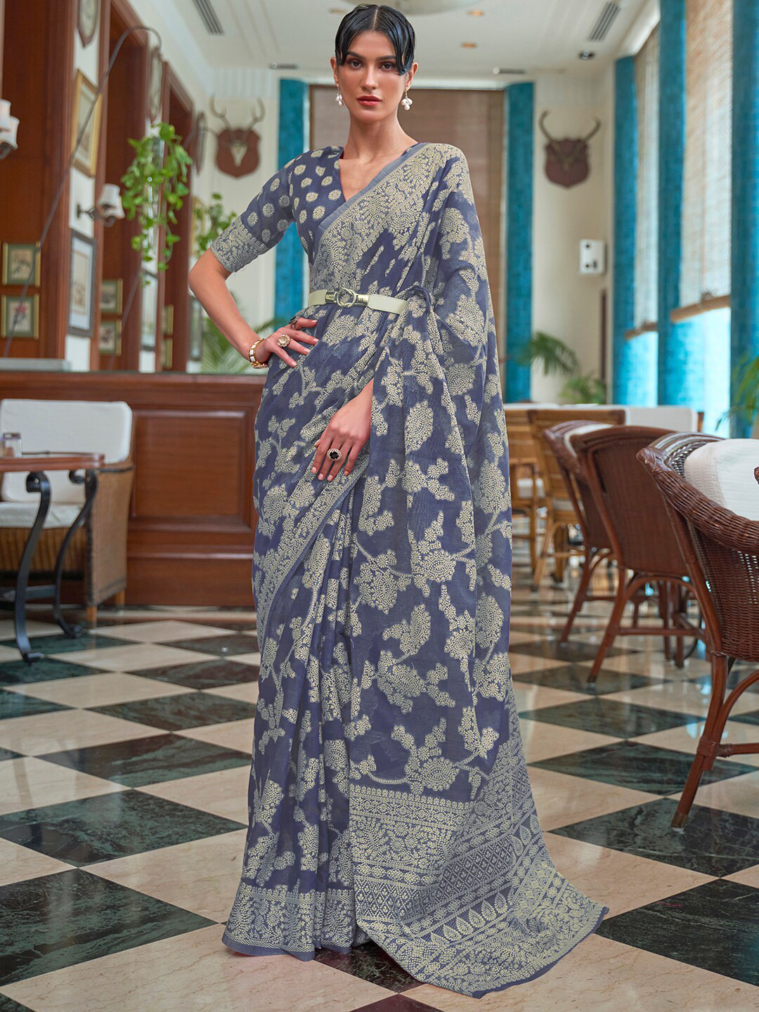 

Mitera Ethnic Motifs Woven Design Muga Saree, Blue