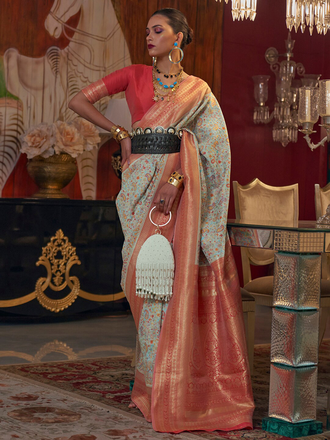 

Mitera Ethnic Motifs Zari Kanjeevaram Saree, Turquoise blue