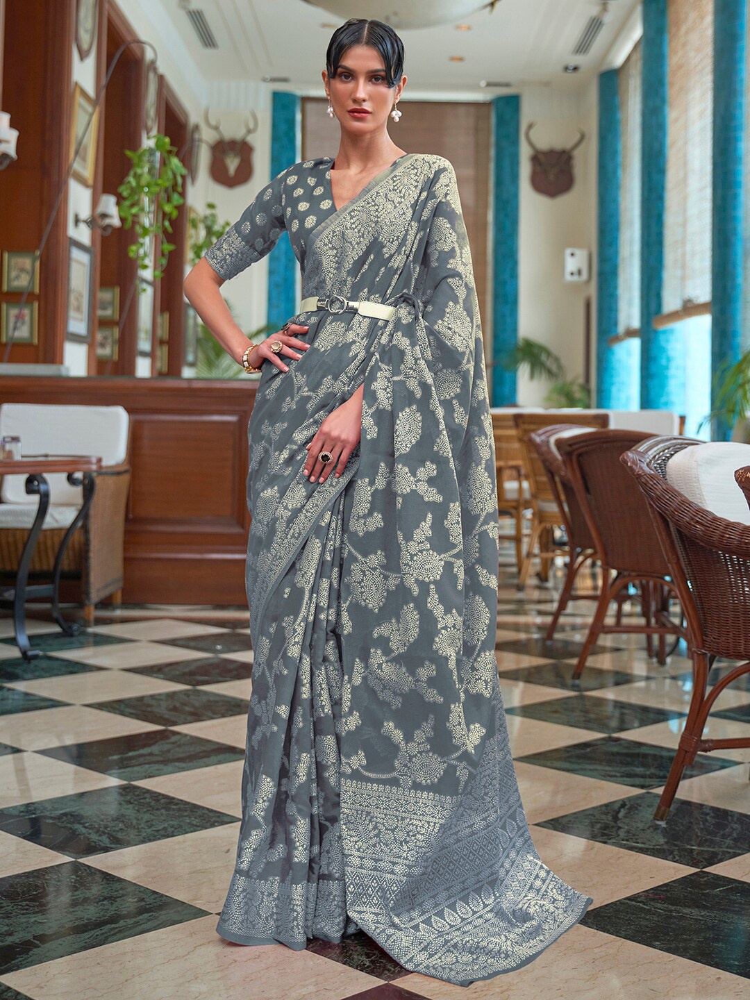 

Mitera Ethnic Motif Woven Muga Saree, Grey