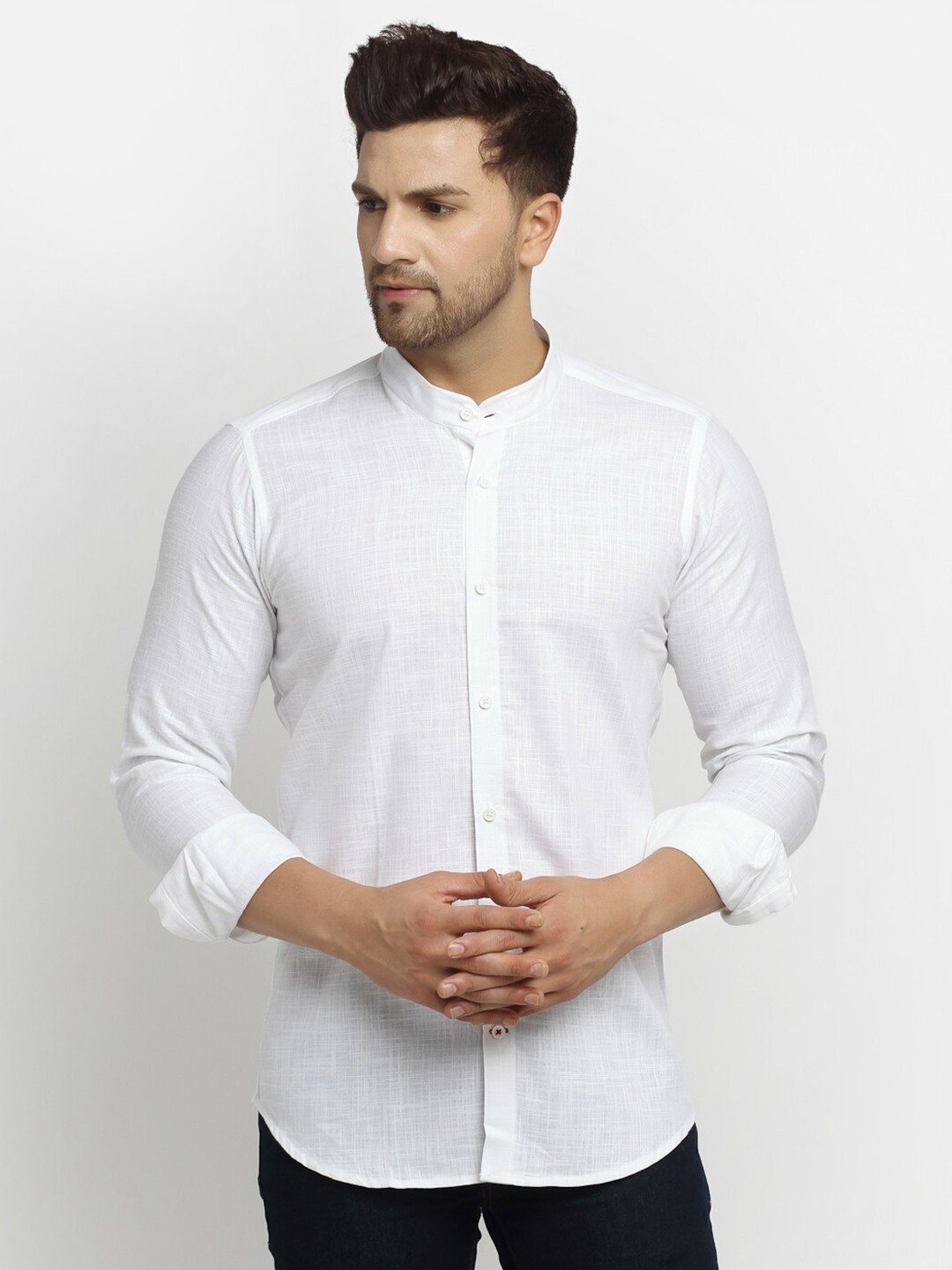 

Cross Court Mandarin Collar Pure Cotton Slim Fit Casual Shirt, White