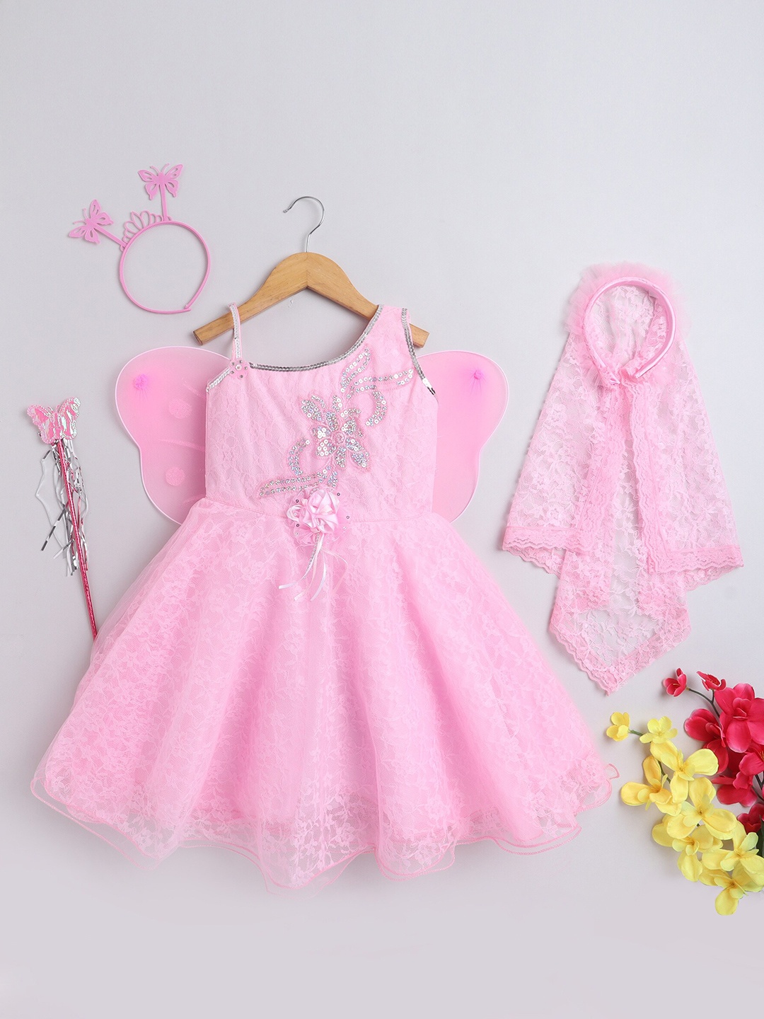 

ahhaaaa Girls Lace-Up Self Design Sequined Fairy Dress with Wings & Hair Band, Pink