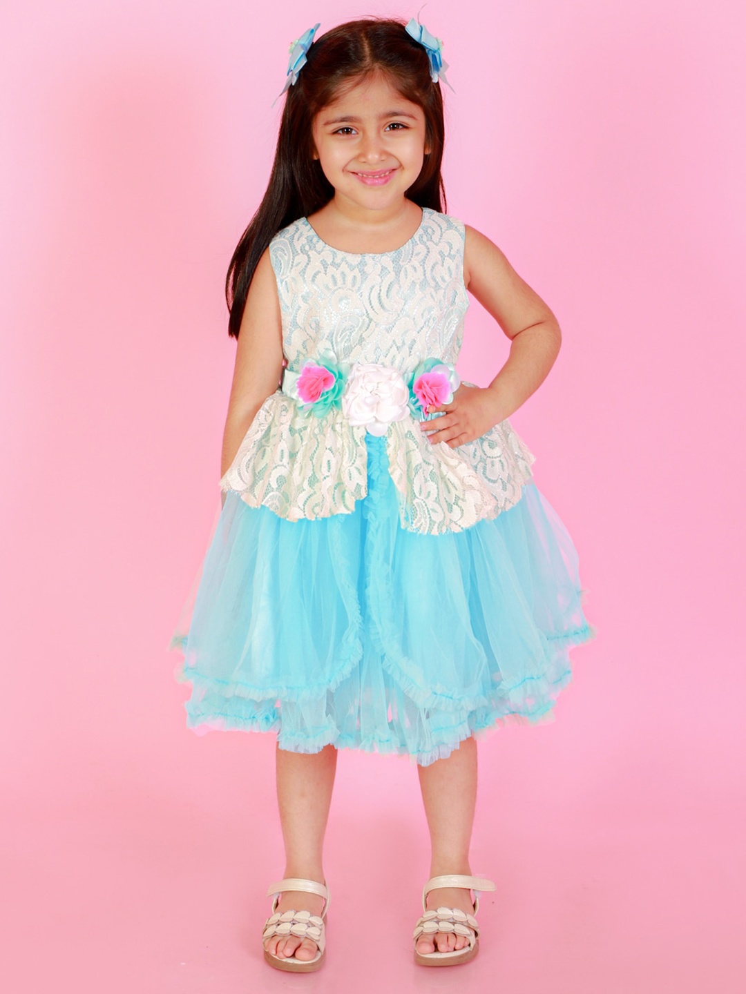 

LIL DRAMA Girls Round Neck Self Design Fit & Flare Dress, Blue