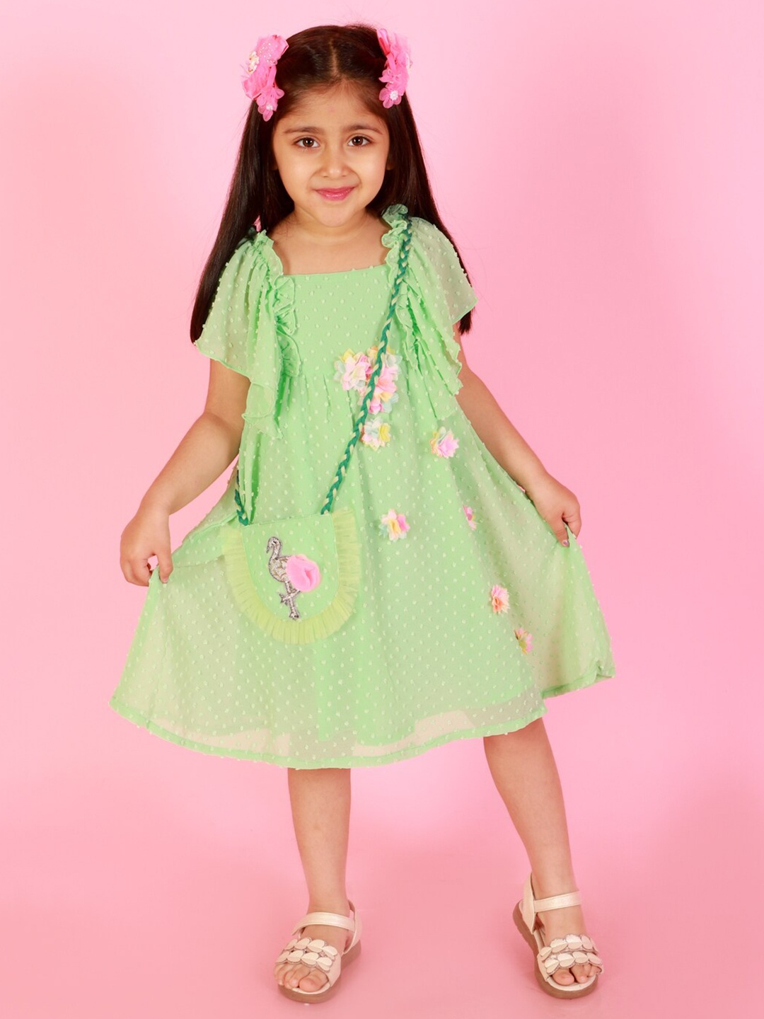 

LIL DRAMA Girls Square Neck Self Design A-Line Dress, Green
