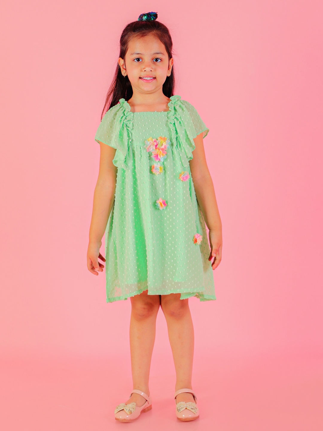 

LIL DRAMA Infant Girls Square Neck Self Design A-Line Dress, Green
