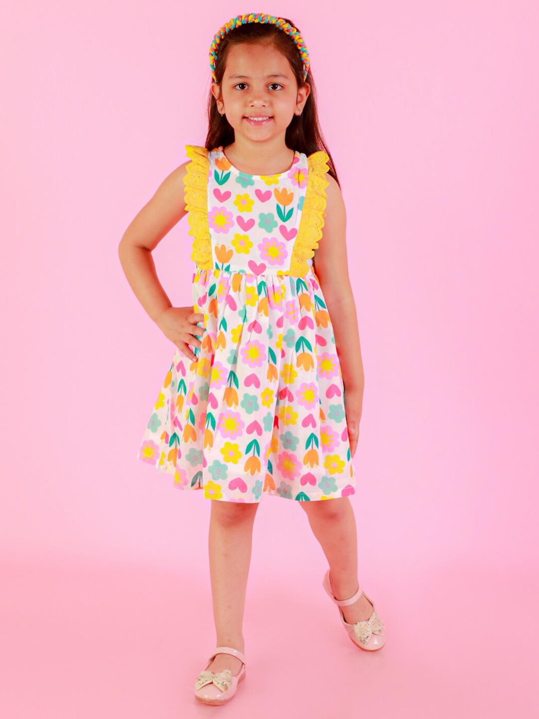 

LIL DRAMA Girls Conversational Printed Cotton Fit & Flare Dress, Yellow