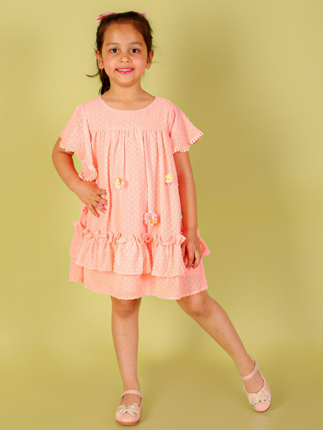 

LIL DRAMA Girls Round Neck Self Design Ruffles A-Line Dress, Peach