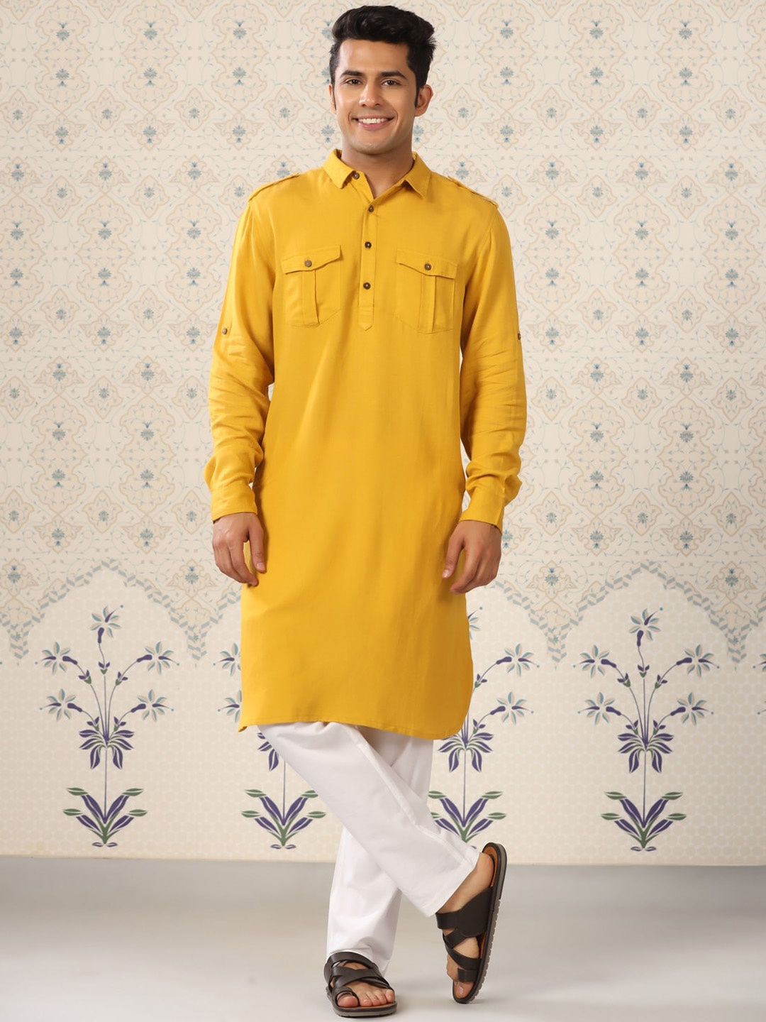 

Ode by House of Pataudi Shirt Collar Roll-Up Sleeves Cotton Pathani Kurta, Mustard