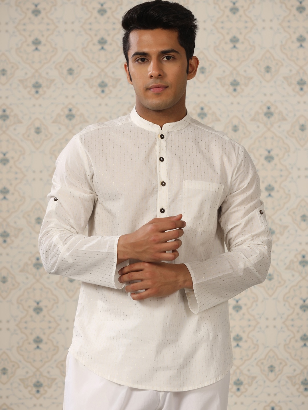 

Ode by House of Pataudi Striped Mandarin Collar Pure Cotton Short Kurta, White