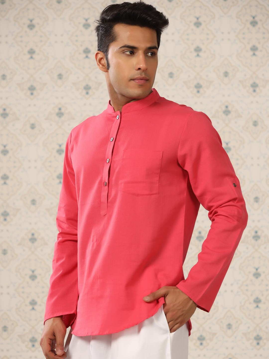 

Ode by House of Pataudi Mandarin Collar Cotton Straight Regular Short Kurta, Red