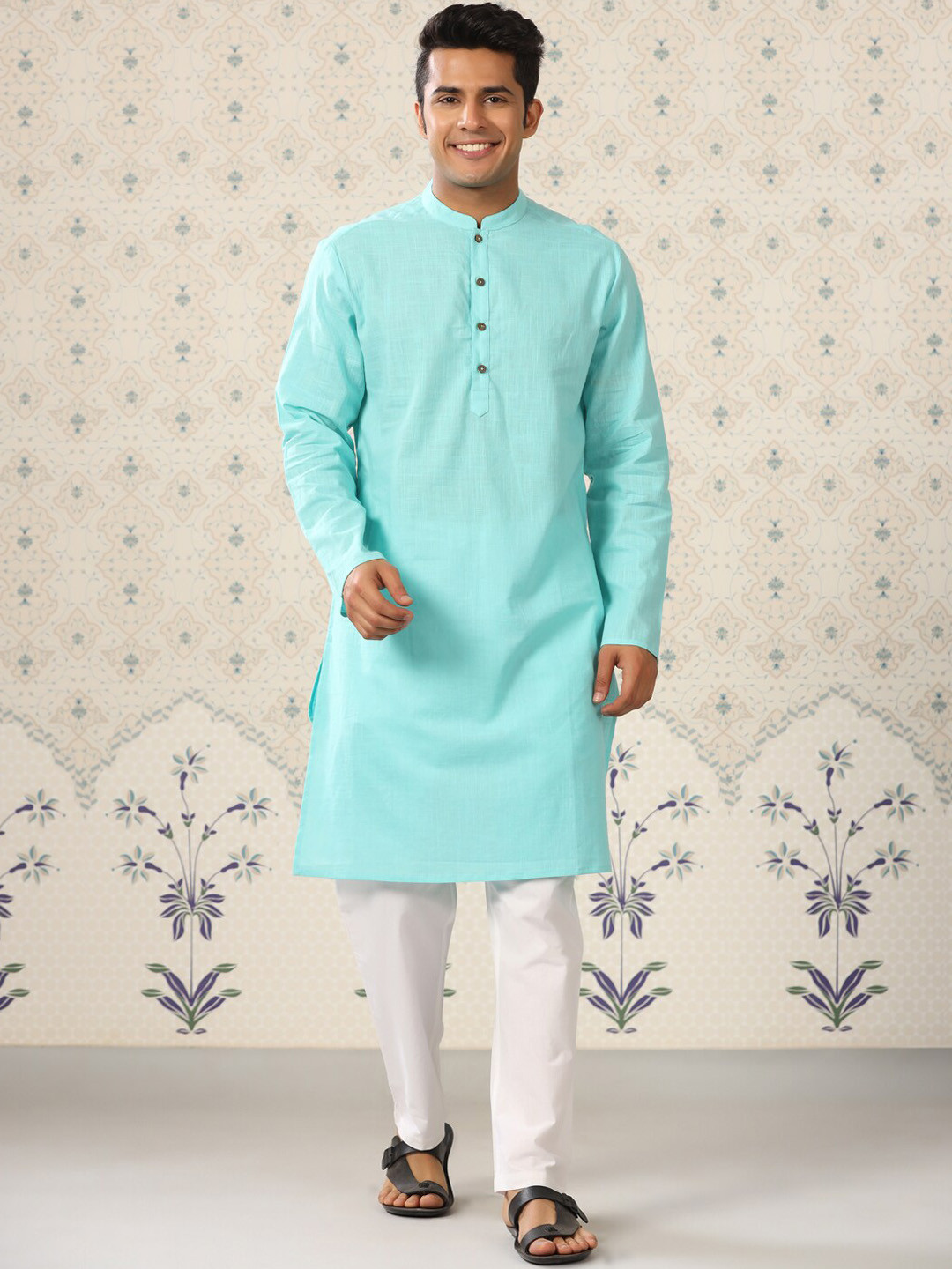 

Ode by House of Pataudi Mandarin Collar Pure Cotton Straight Regular Kurta, Blue