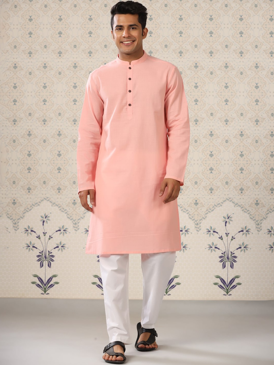 

Ode by House of Pataudi Mandarin Collar Straight Cotton Kurta, Pink