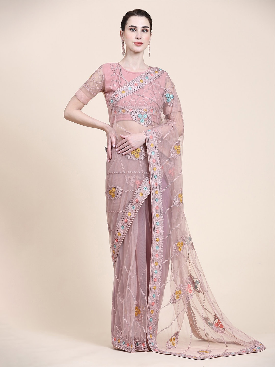 

ORUS Ethnic Motifs Embroidered Net Saree, Pink