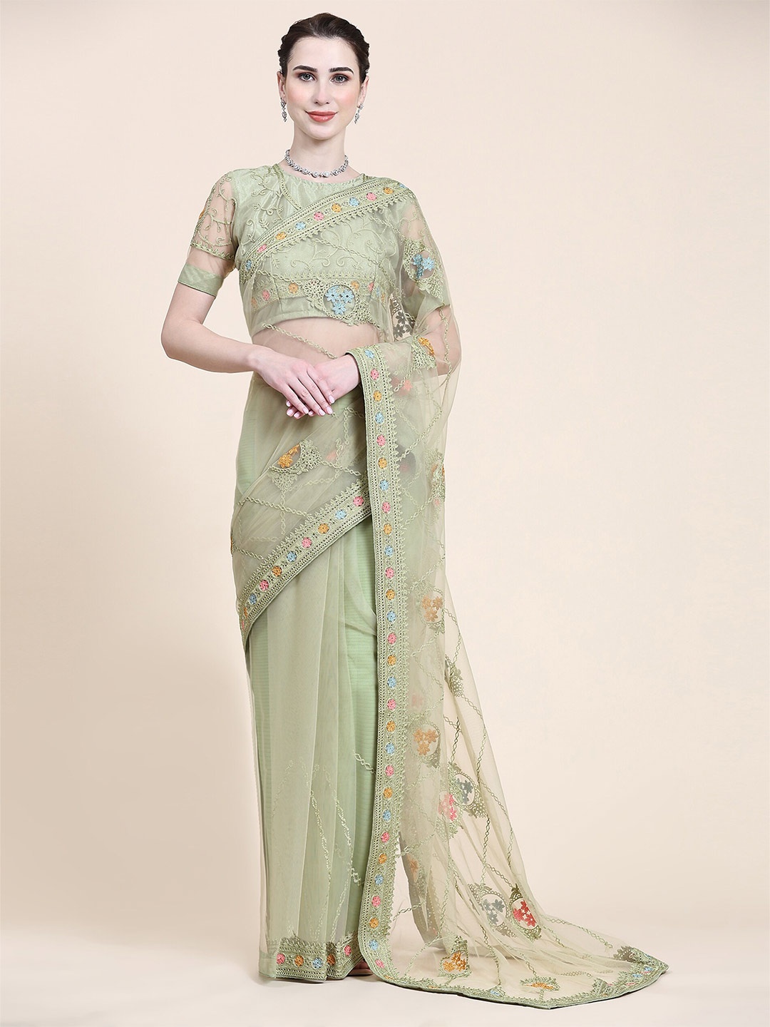 

ORUS Ethnic Motifs Embroidered Net Saree, Olive