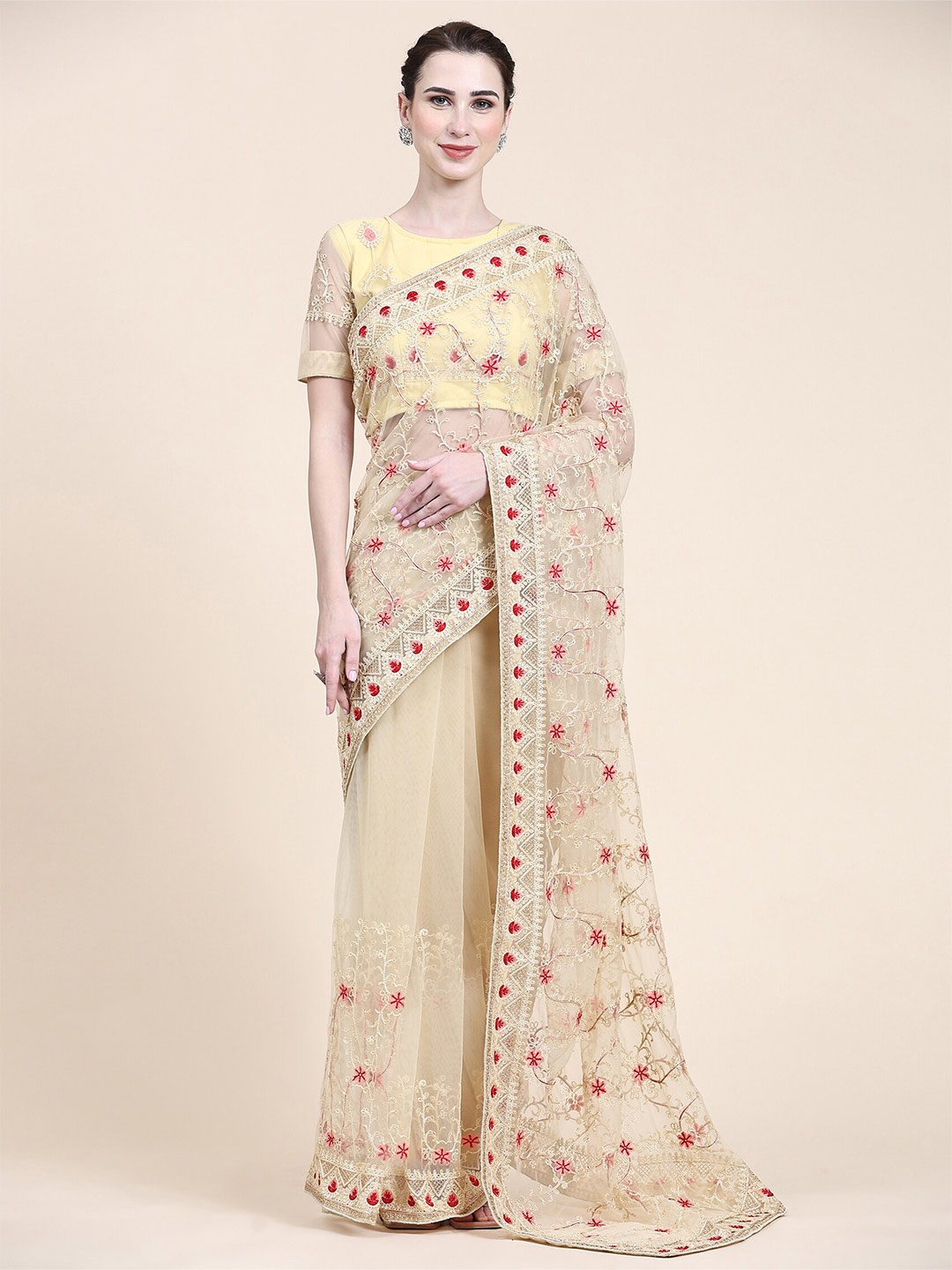 

ORUS Ethnic Motifs Embroidered Net Saree, Yellow