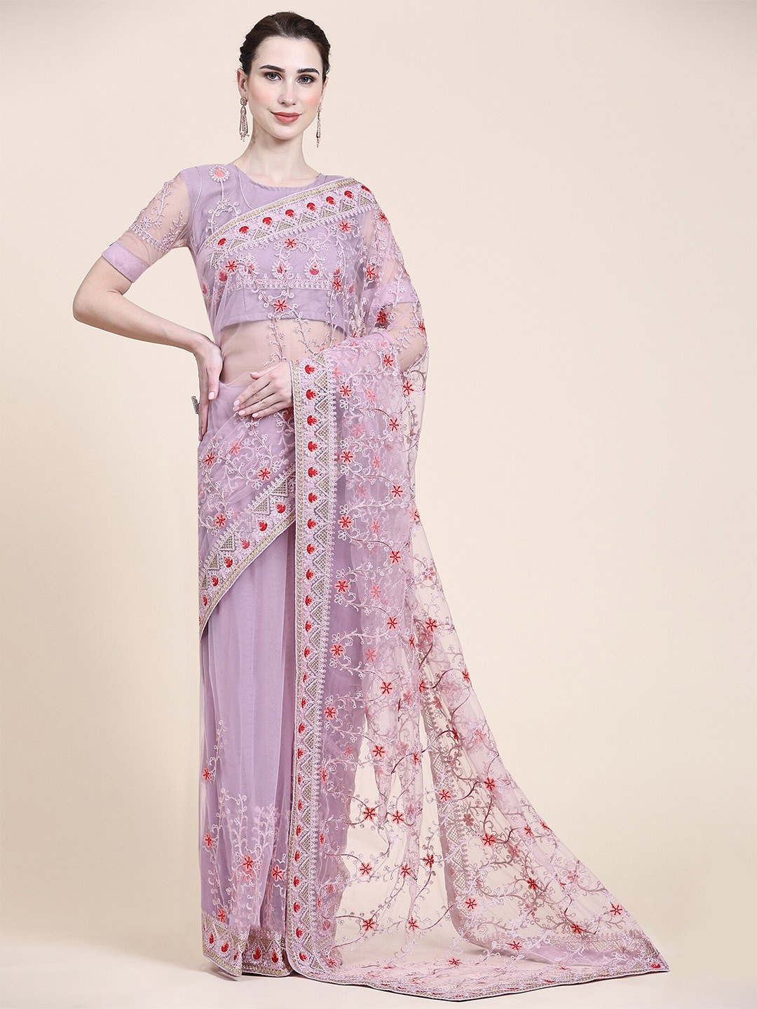 

ORUS Ethnic Motif Embroidered Net Saree, Purple